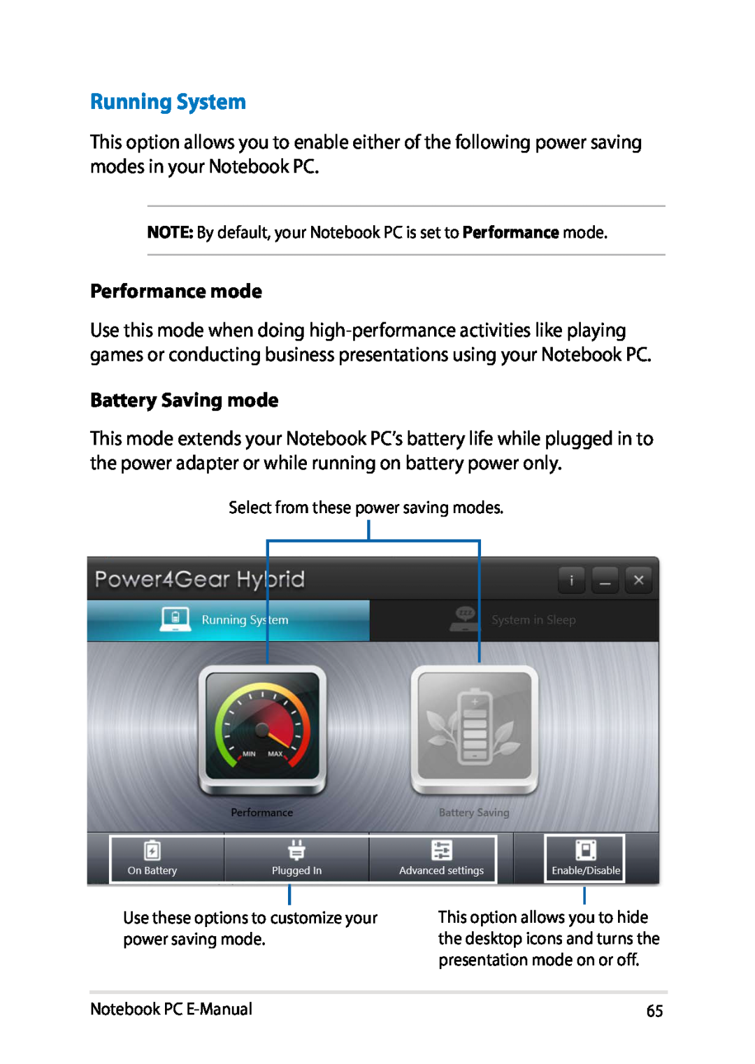 Asus E8438 manual Running System, Performance mode, Battery Saving mode 