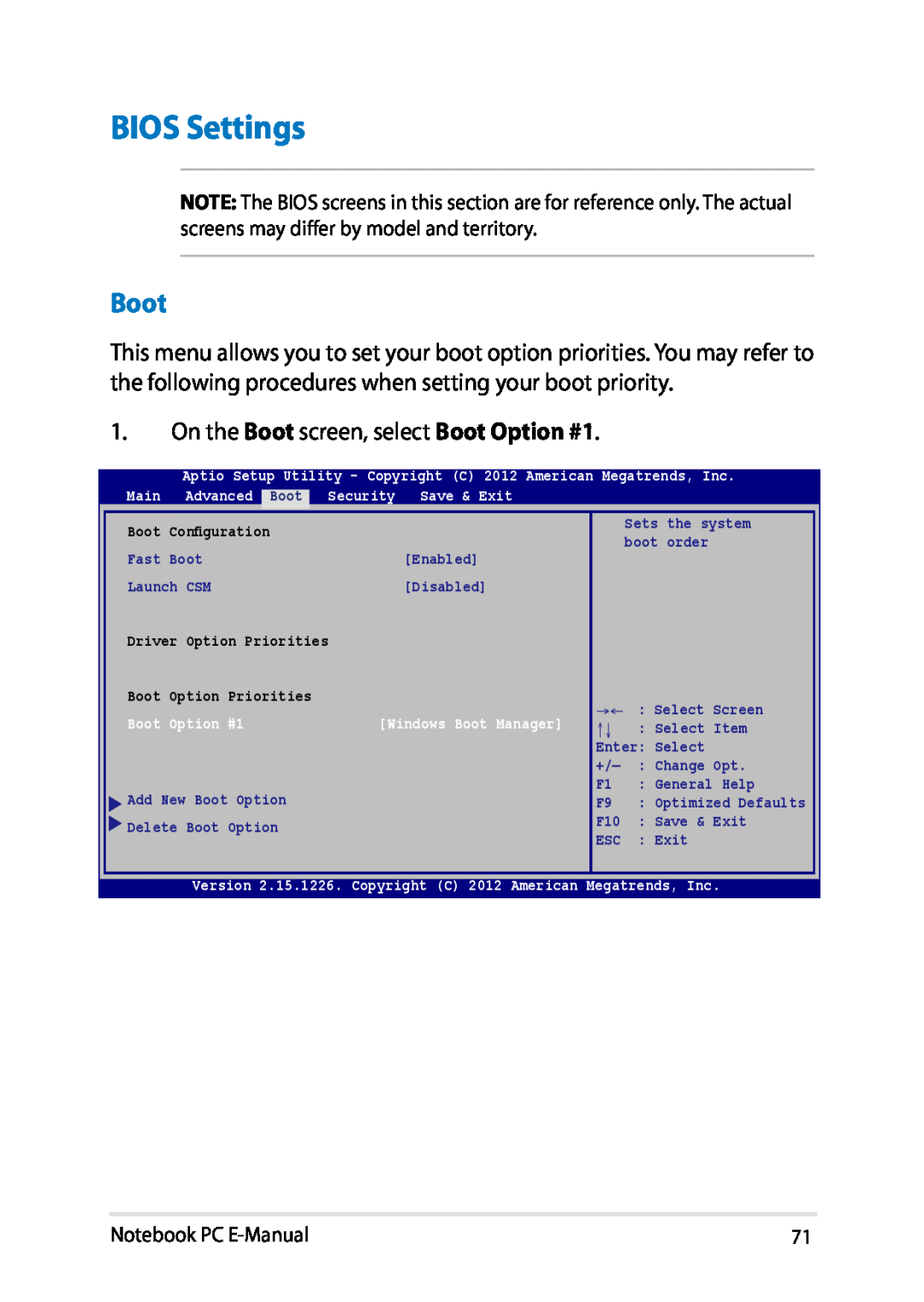 Asus E8438 manual BIOS Settings, Notebook PC E-Manual, Boot Option #1, Windows Boot Manager 