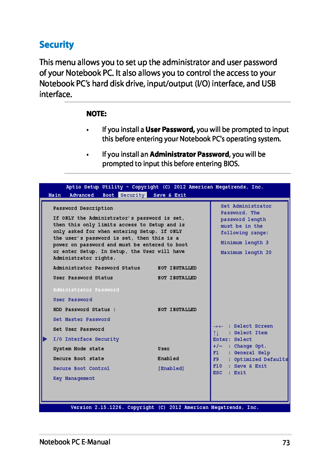 Asus E8438 manual Security, Notebook PC E-Manual, Password Description 