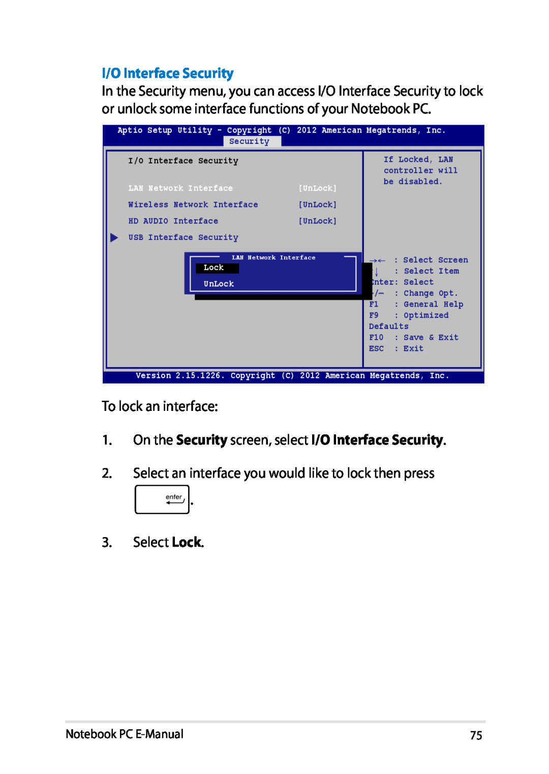 Asus E8438 I/O Interface Security, Notebook PC E-Manual, Aptio Setup Utility - Copyright C 2012 American Megatrends, Inc 