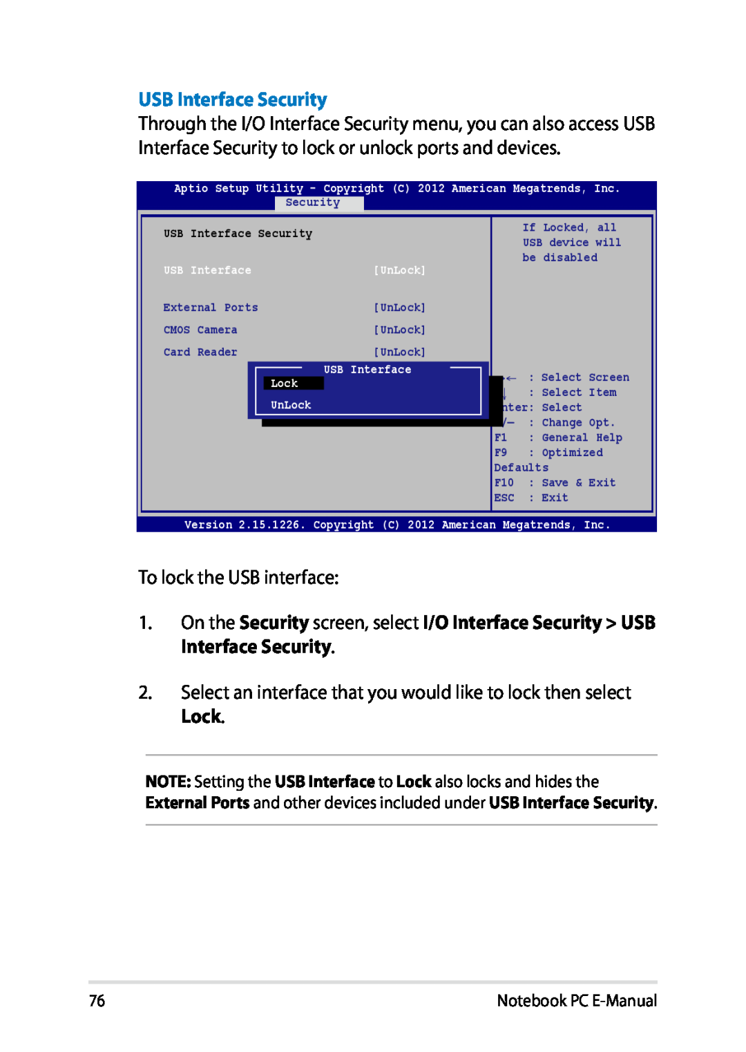 Asus E8438 manual USB Interface Security, Aptio Setup Utility - Copyright C 2012 American Megatrends, Inc, UnLock 