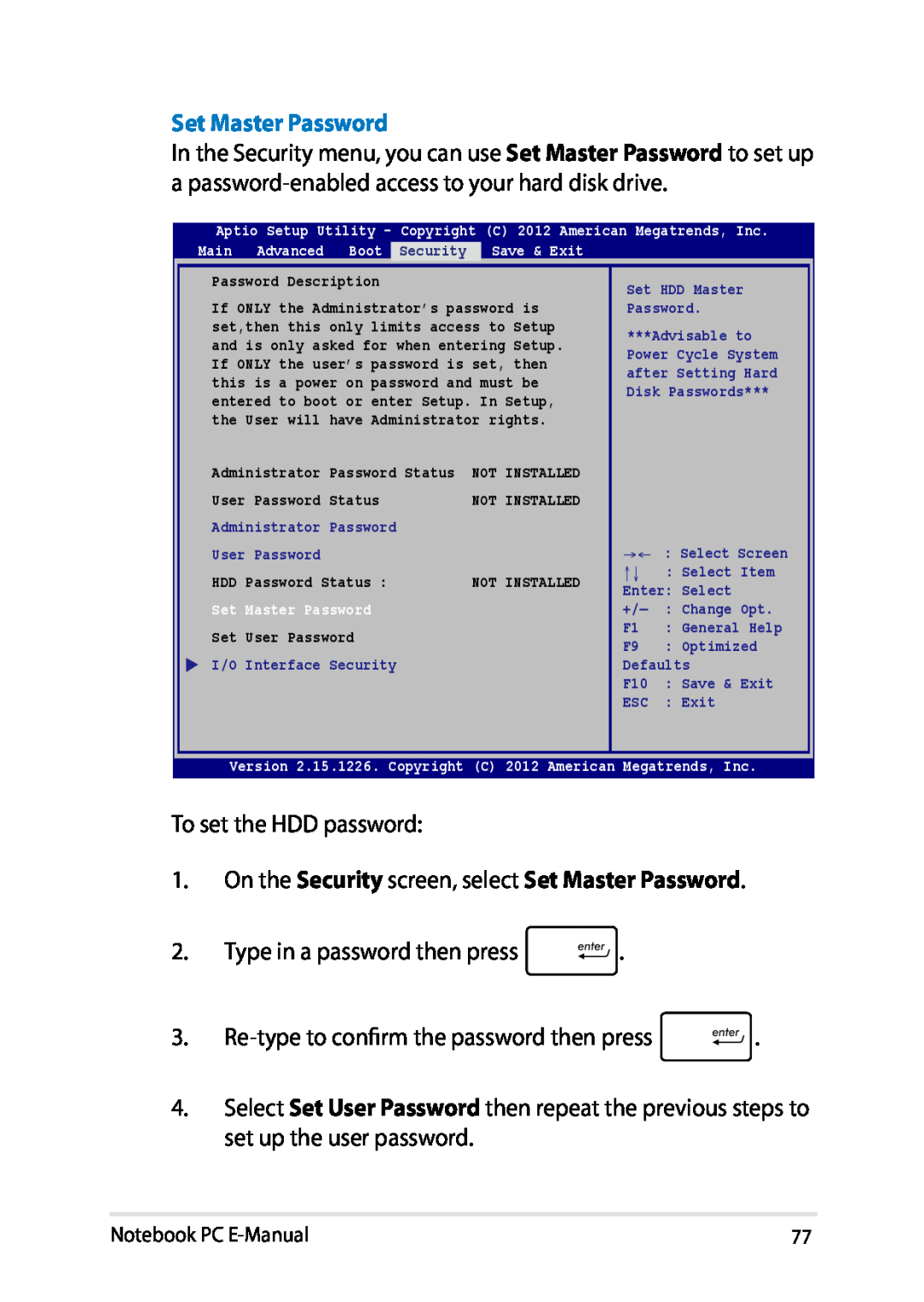 Asus E8438 Set Master Password, Notebook PC E-Manual, Password Description, HDD Password Status, Set User Password 