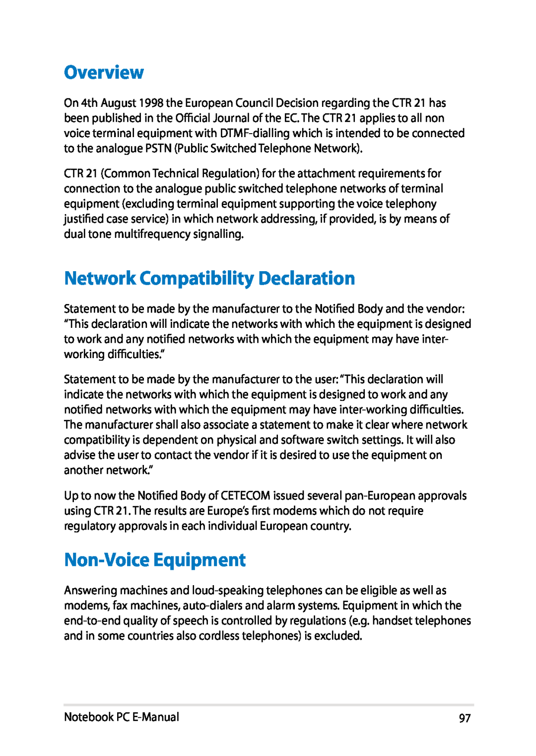 Asus E8438 manual Overview, Network Compatibility Declaration, Non-Voice Equipment 