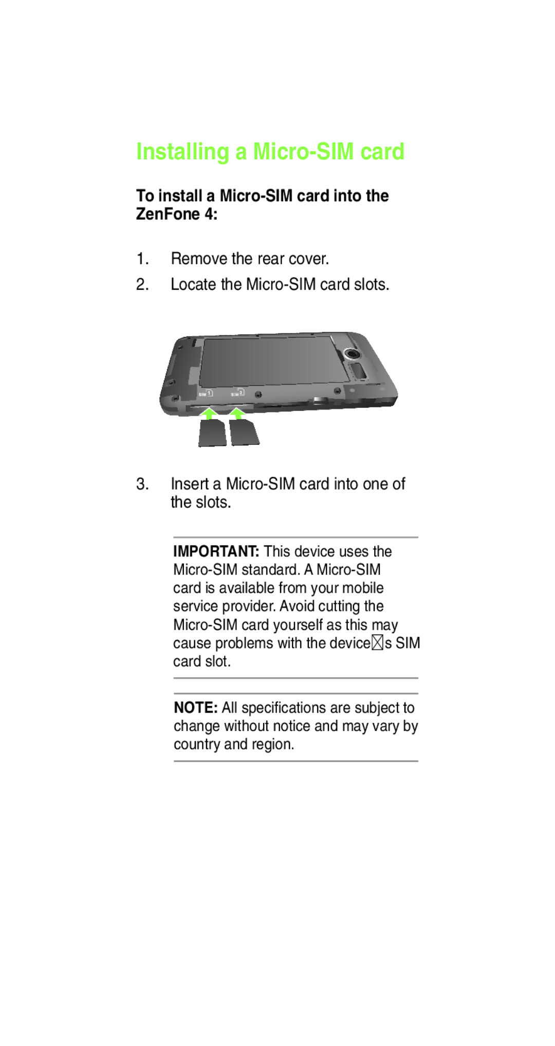 Asus E8837 user manual Installing a Micro-SIM card, To install a Micro-SIM card into the ZenFone 