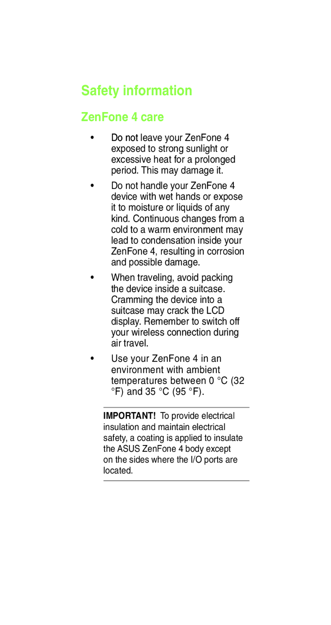 Asus E8837 user manual Safety information, ZenFone 4 care 