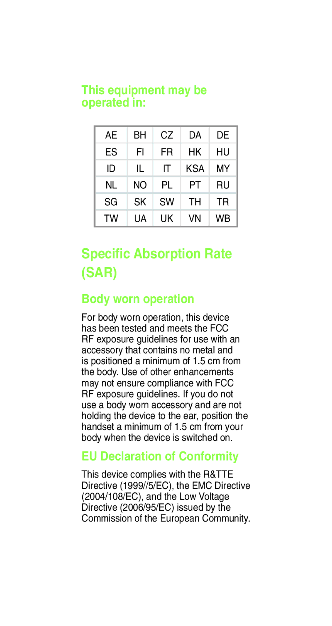 Asus E8837 Speciﬁc Absorption Rate SAR, This equipment may be operated, Body worn operation, EU Declaration of Conformity 