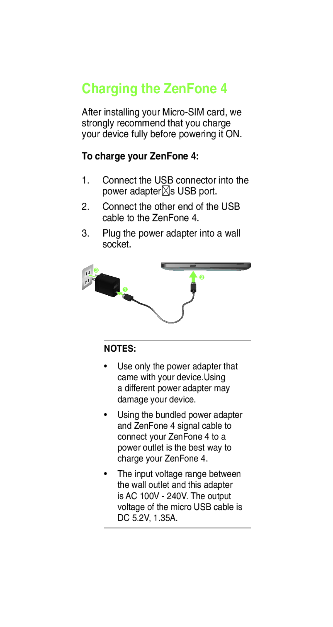 Asus E8837 user manual Charging the ZenFone, To charge your ZenFone 