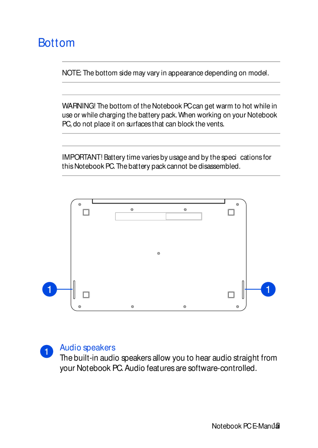 Asus E8991 manual Bottom, Audio speakers 