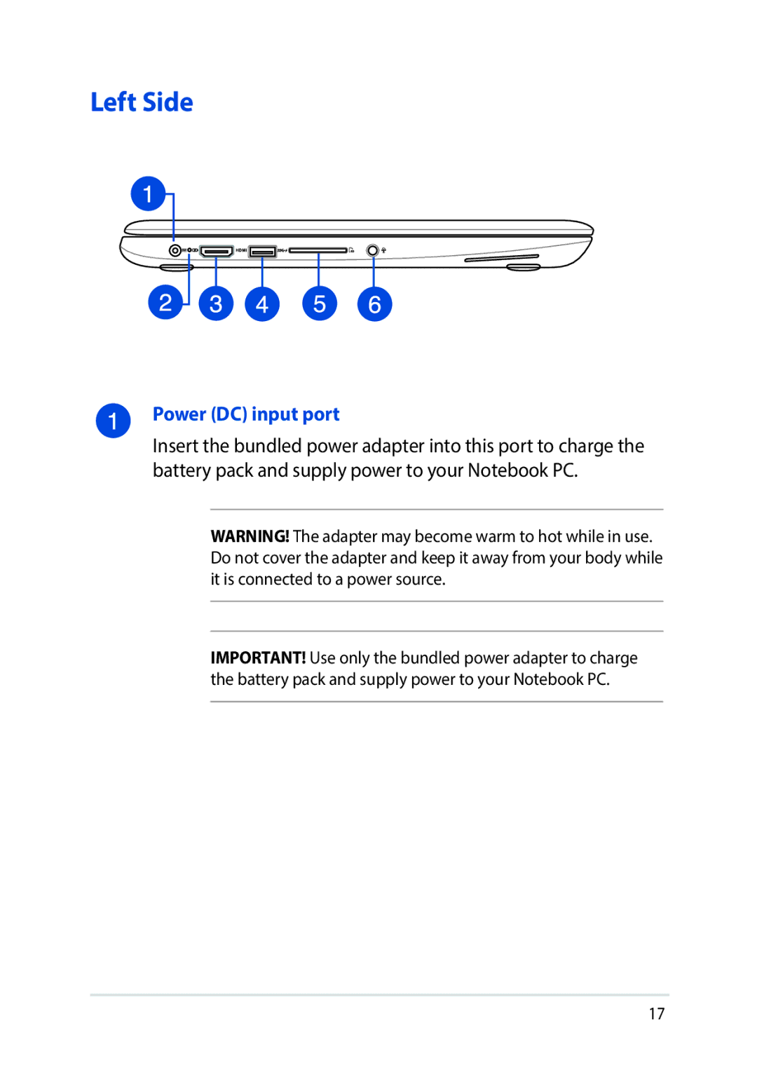 Asus E8991 manual Left Side, Power DC input port 