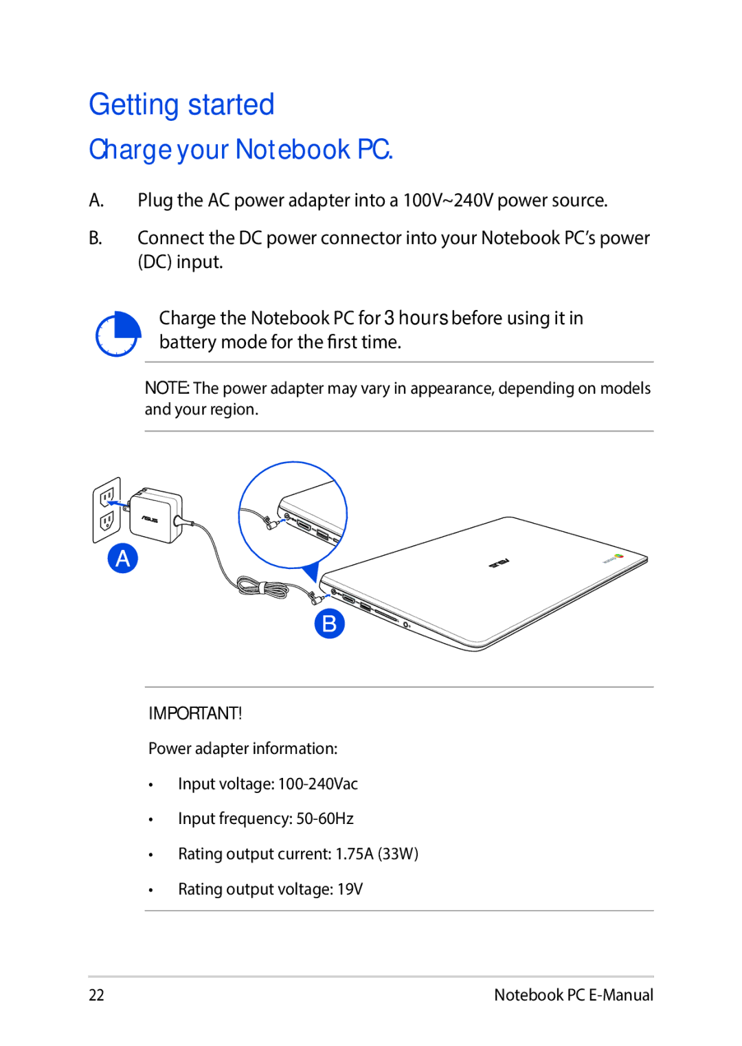 Asus E8991 manual Getting started, Charge your Notebook PC 