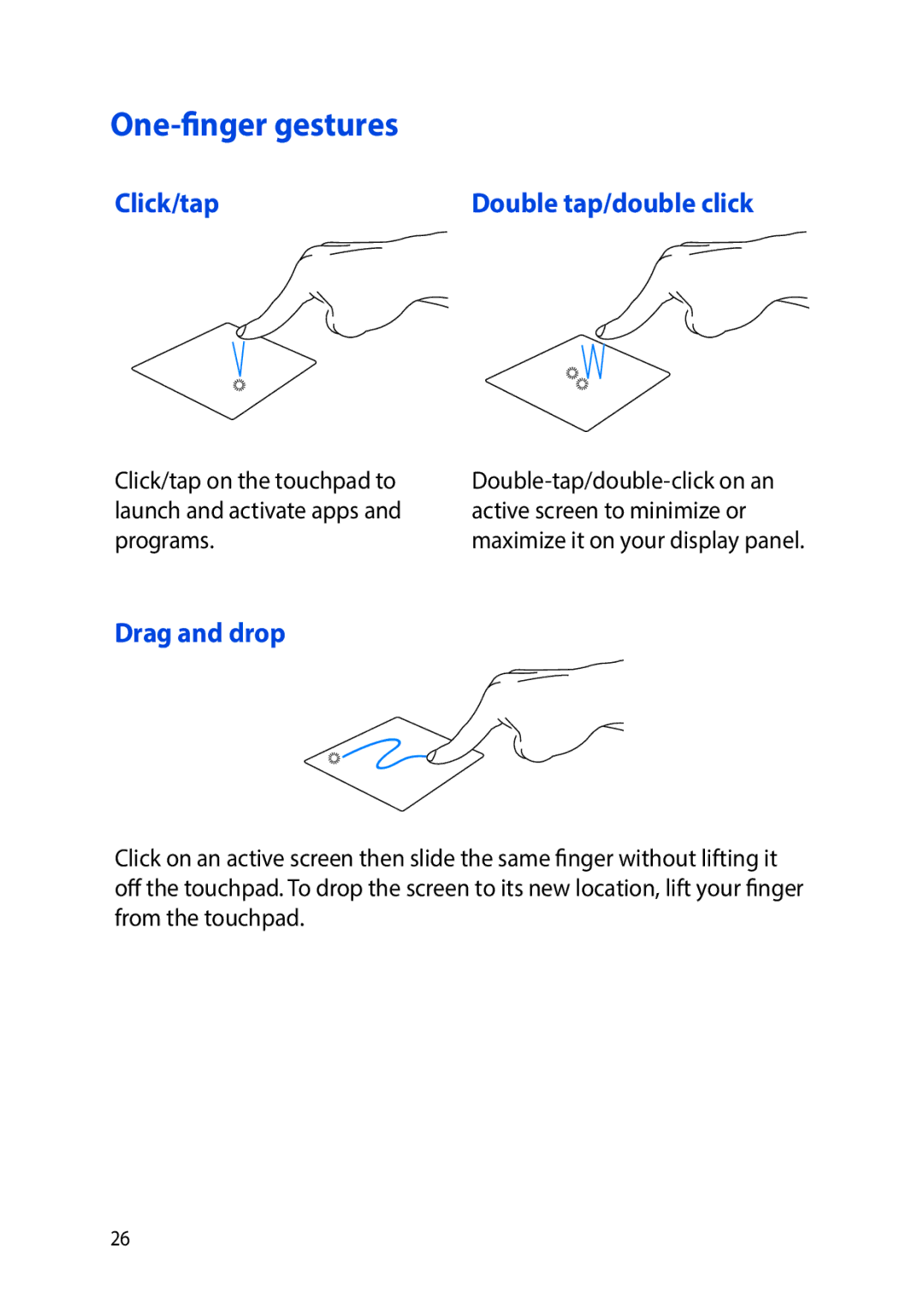 Asus E8991 manual One-finger gestures, Click/tap, Drag and drop 