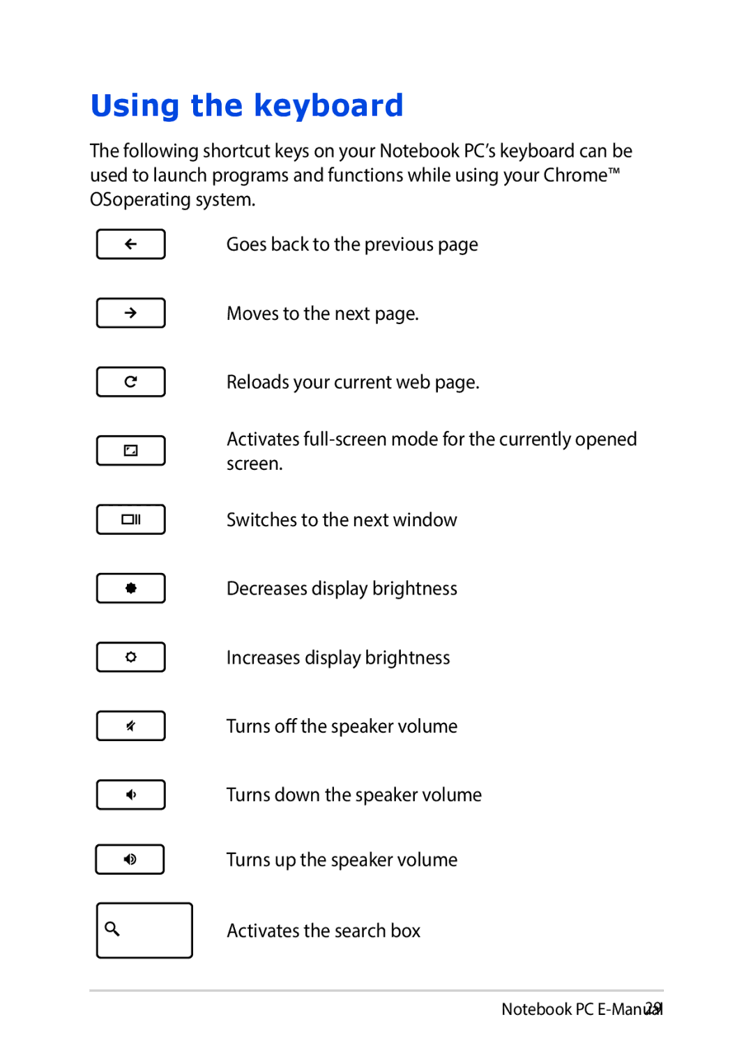 Asus E8991 manual Using the keyboard 