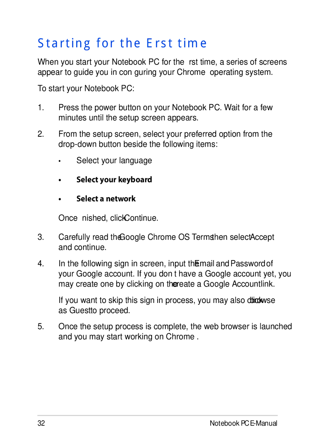 Asus E8991 manual Starting for the first time, Select your language Select your keyboard Select a network 