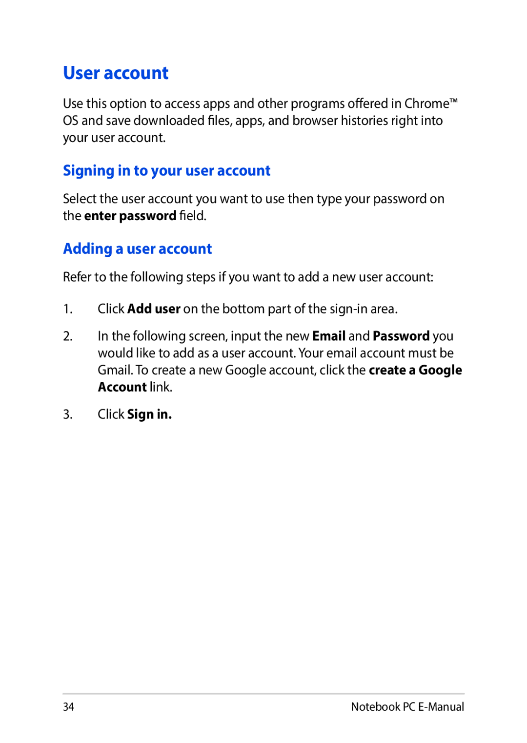 Asus E8991 manual User account, Signing in to your user account, Adding a user account 