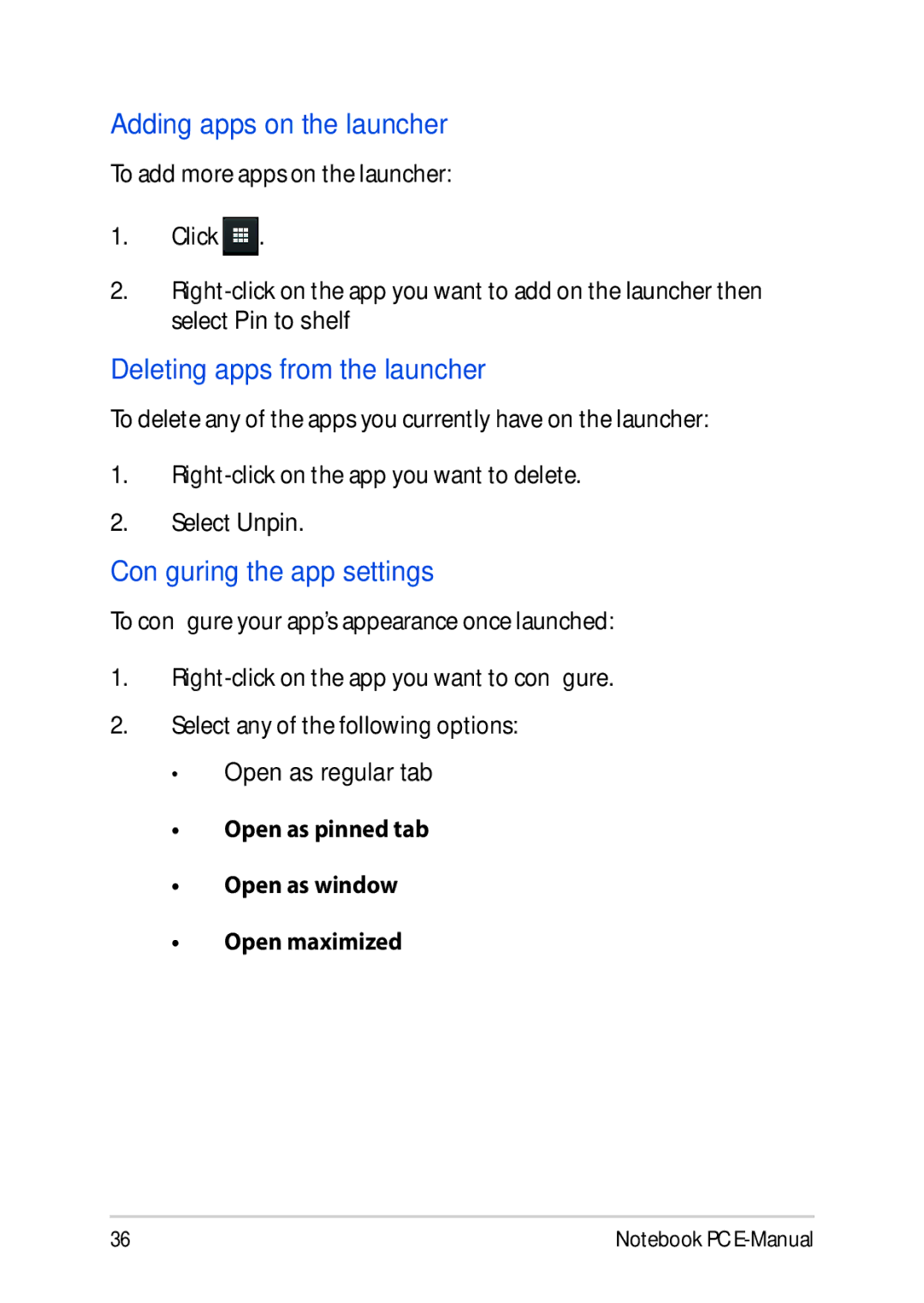 Asus E8991 manual Adding apps on the launcher, Deleting apps from the launcher, Configuring the app settings 