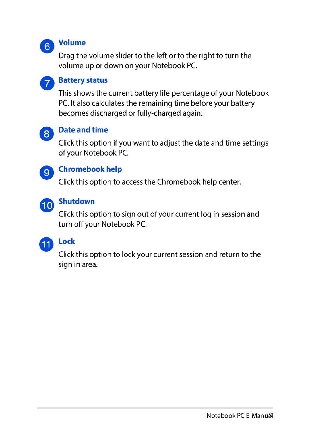 Asus E8991 manual Volume, Battery status, Date and time, Chromebook help, Shutdown, Lock 