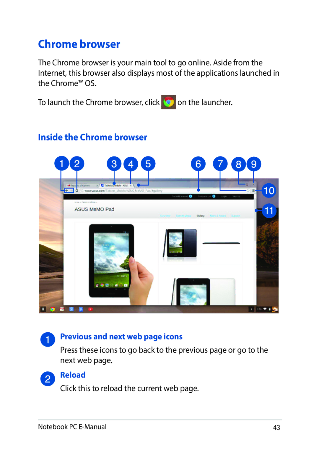 Asus E8991 manual Inside the Chrome browser, Previous and next web page icons, Reload 