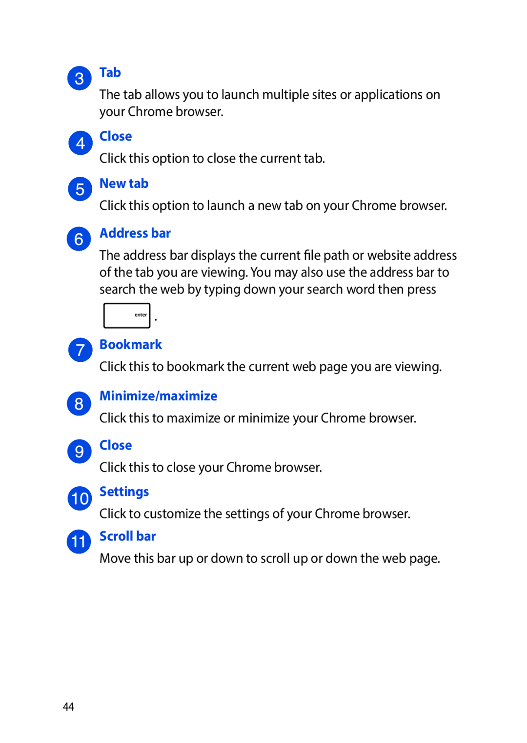 Asus E8991 manual Tab, Close, New tab, Address bar, Bookmark, Minimize/maximize, Scroll bar 