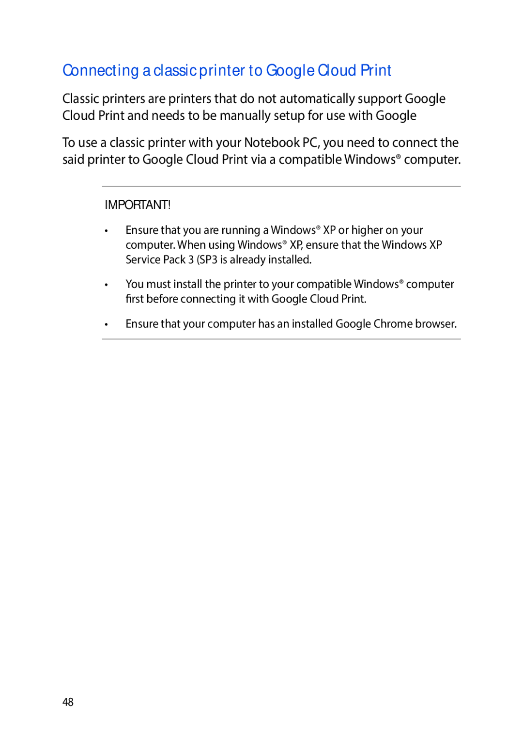 Asus E8991 manual Connecting a classic printer to Google Cloud Print 