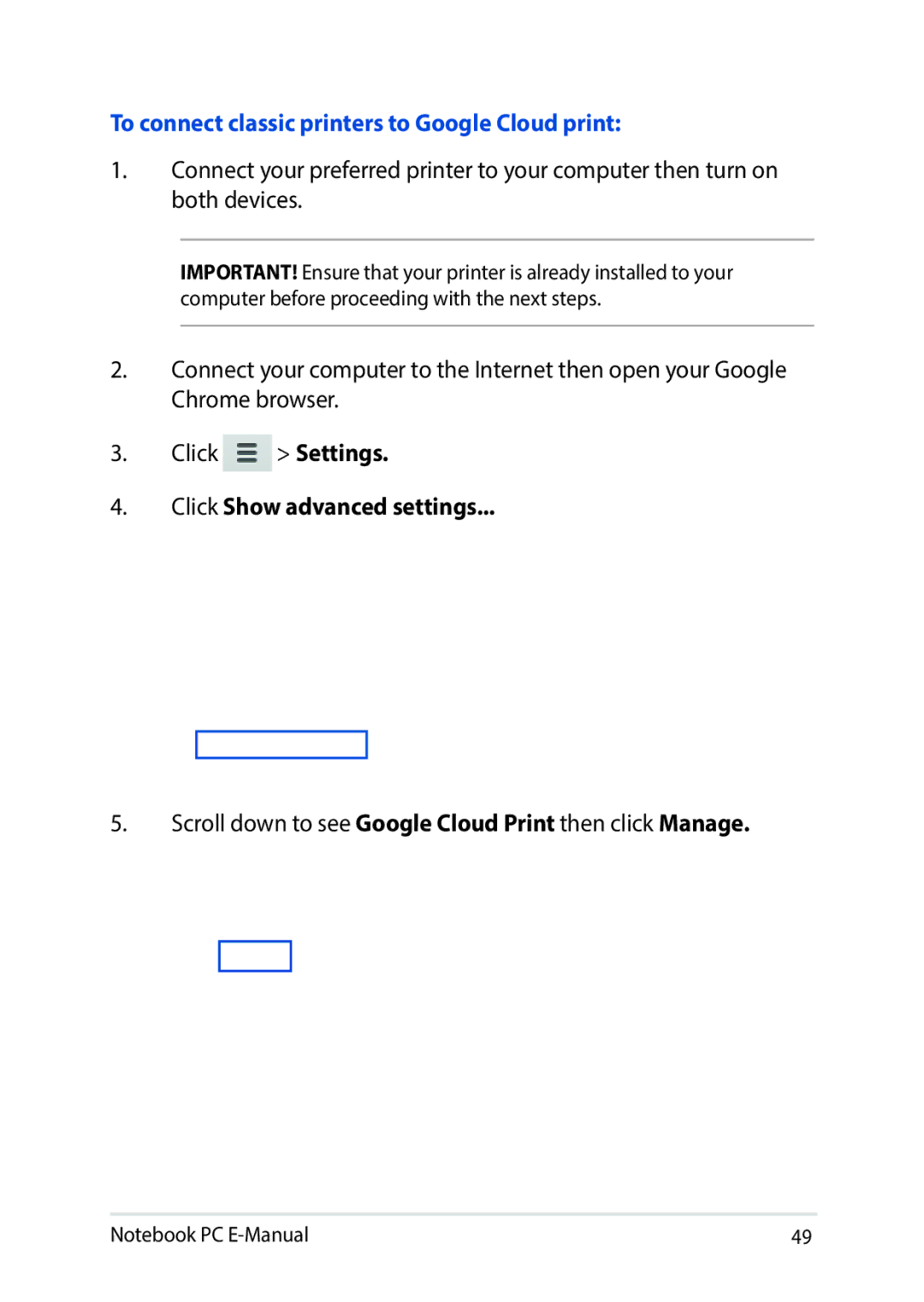 Asus E8991 manual To connect classic printers to Google Cloud print 