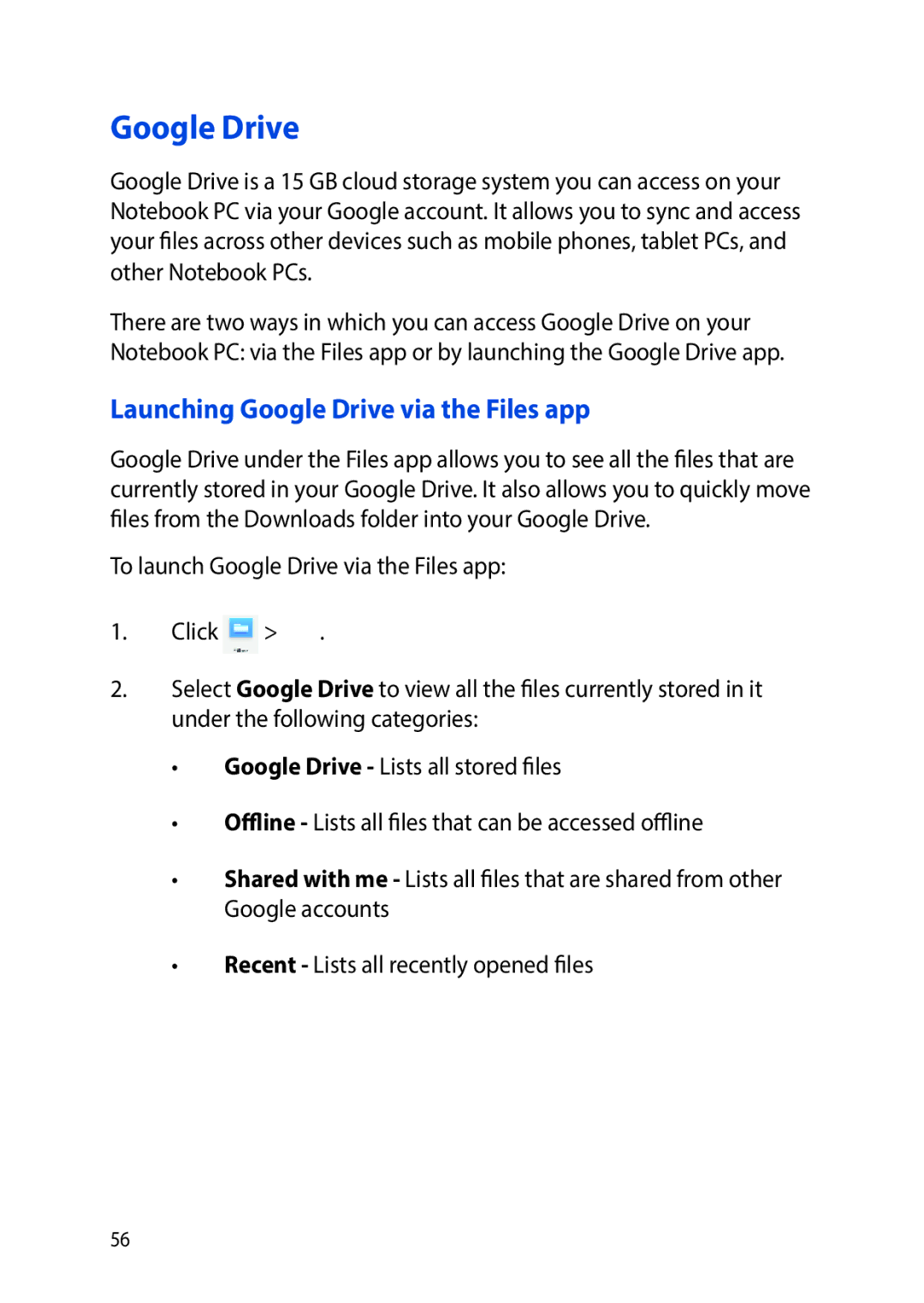 Asus E8991 manual Launching Google Drive via the Files app 