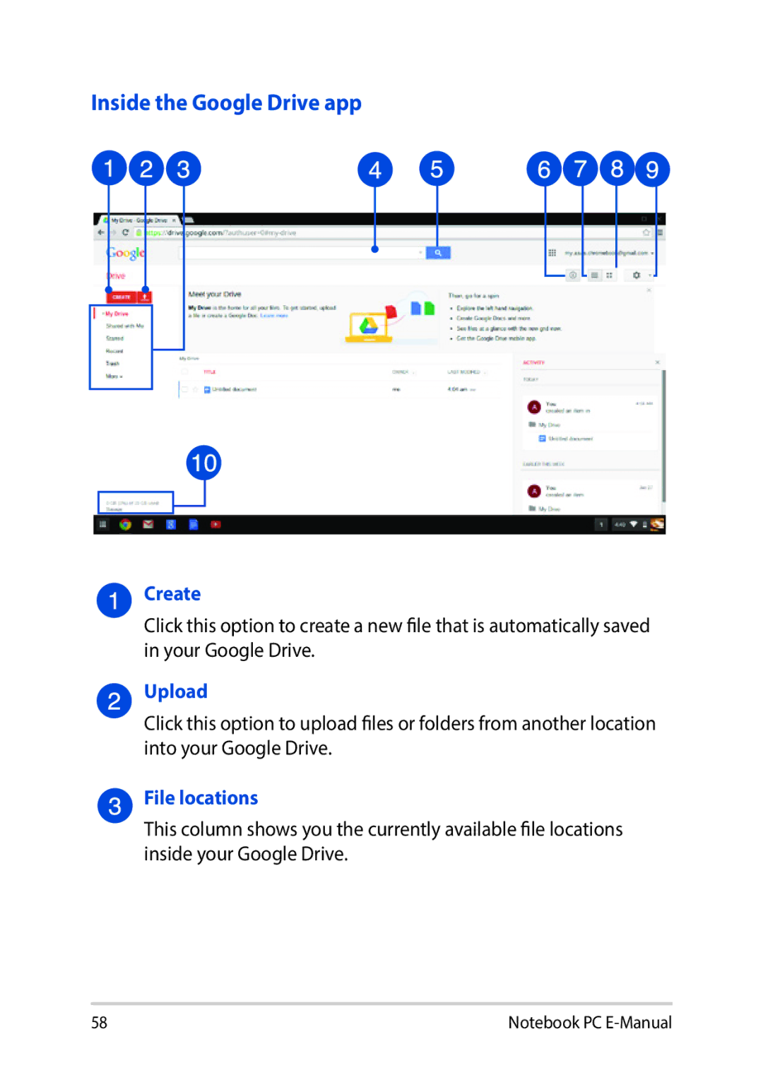 Asus E8991 manual Inside the Google Drive app, Create, Upload 