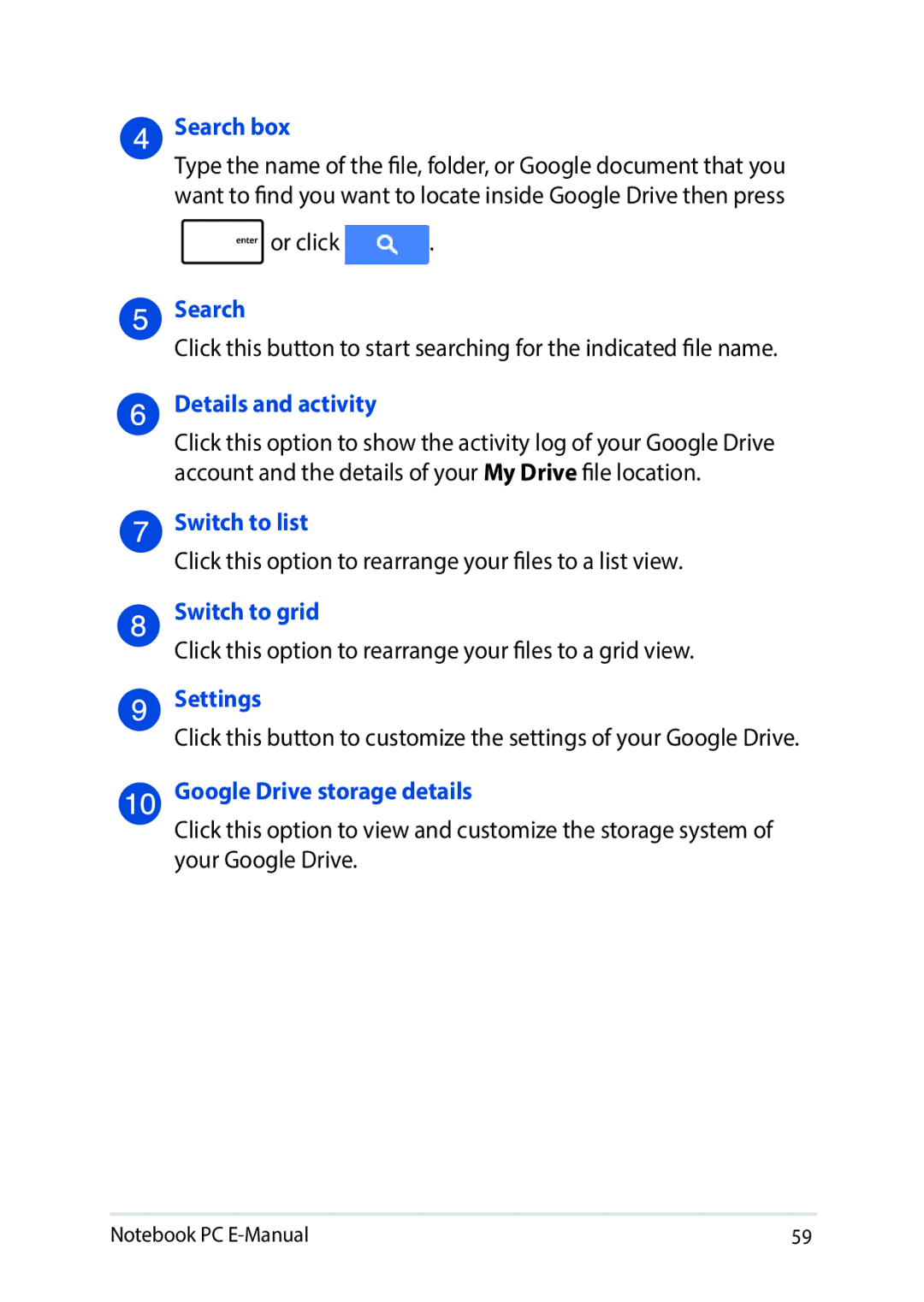 Asus E8991 manual Search box, Details and activity, Switch to list, Switch to grid, Google Drive storage details 