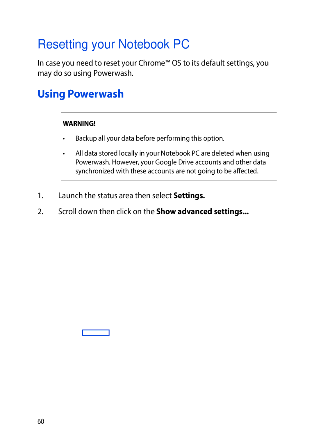 Asus E8991 manual Resetting your Notebook PC, Using Powerwash 