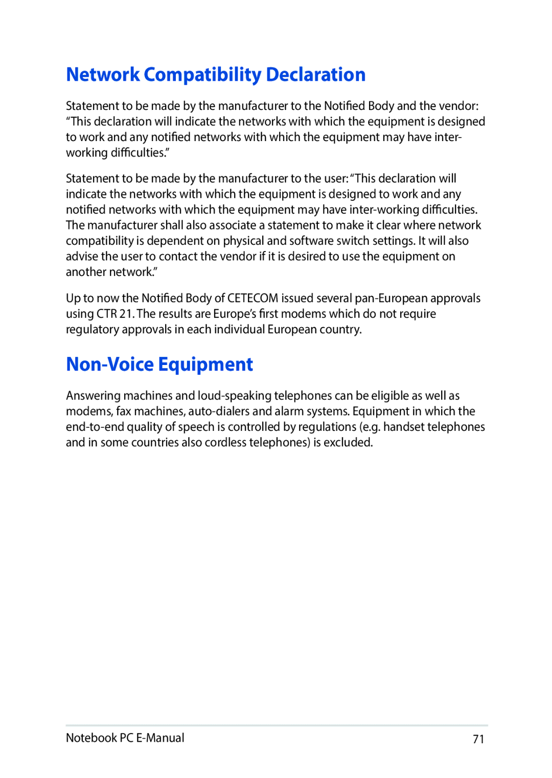 Asus E8991 manual Network Compatibility Declaration, Non-Voice Equipment 