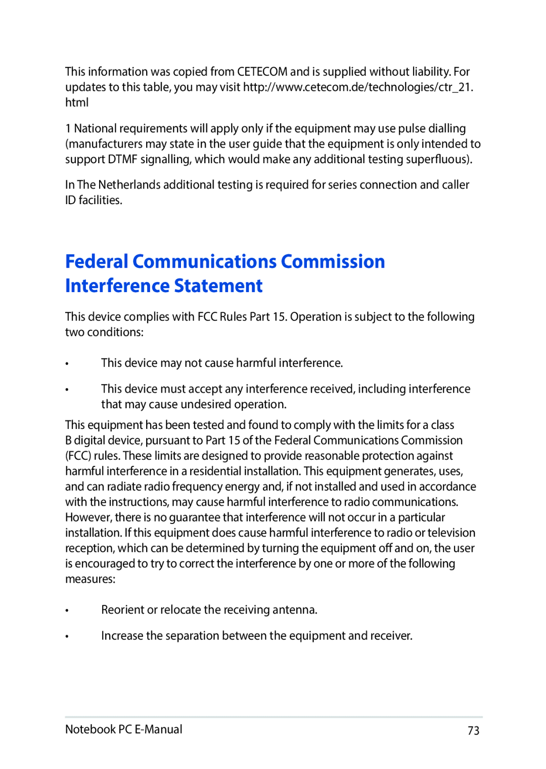 Asus E8991 manual Federal Communications Commission Interference Statement 