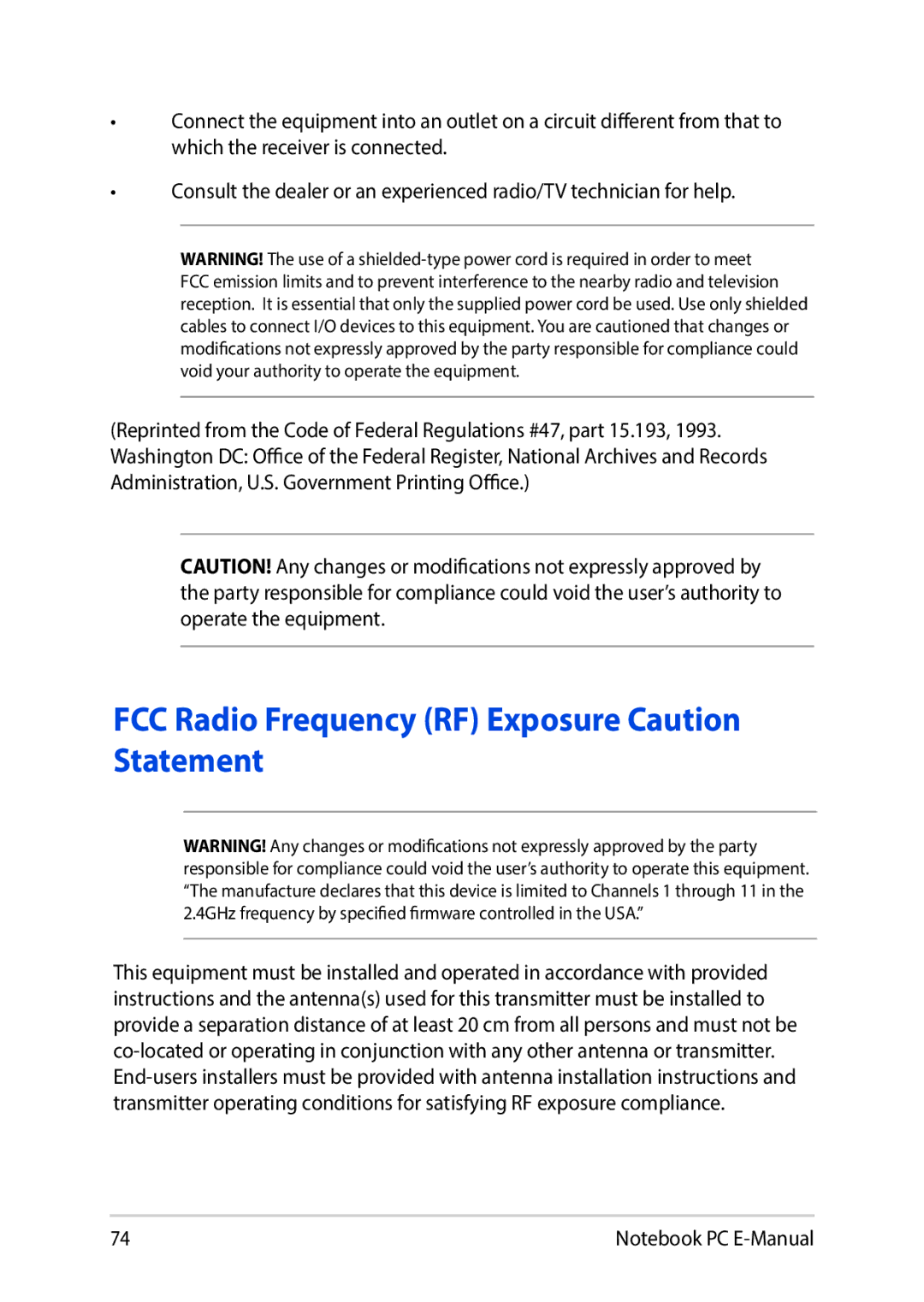 Asus E8991 manual FCC Radio Frequency RF Exposure Caution Statement 