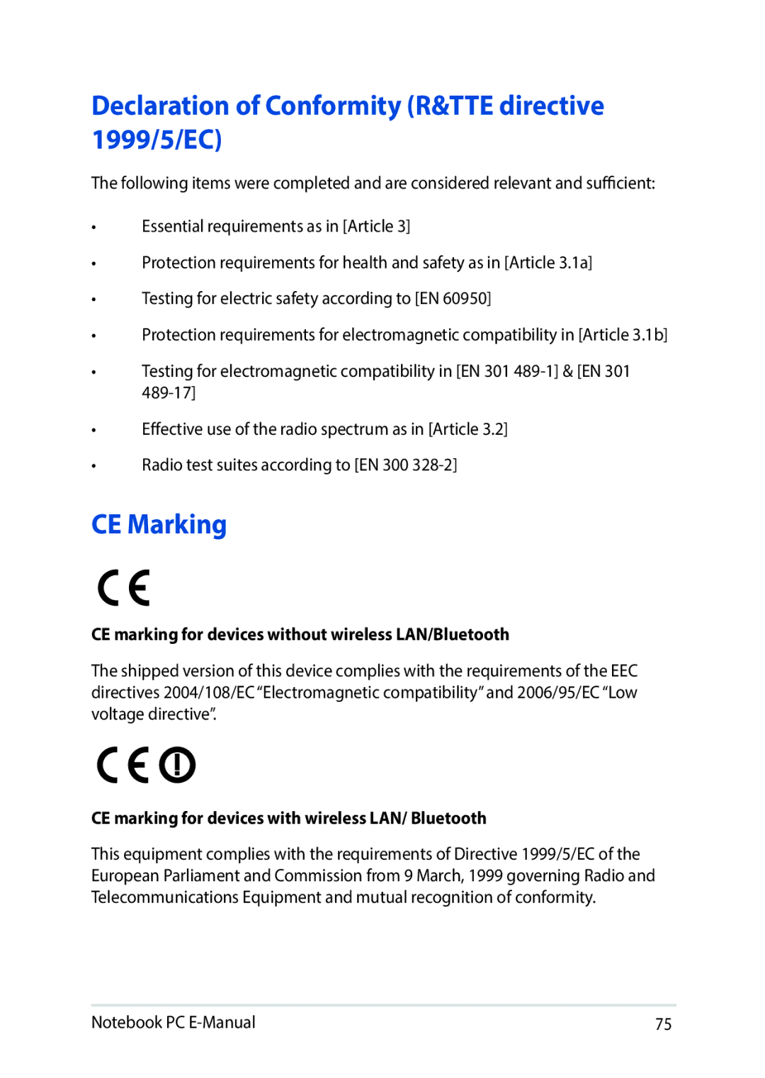 Asus E8991 manual Declaration of Conformity R&TTE directive 1999/5/EC, CE Marking 