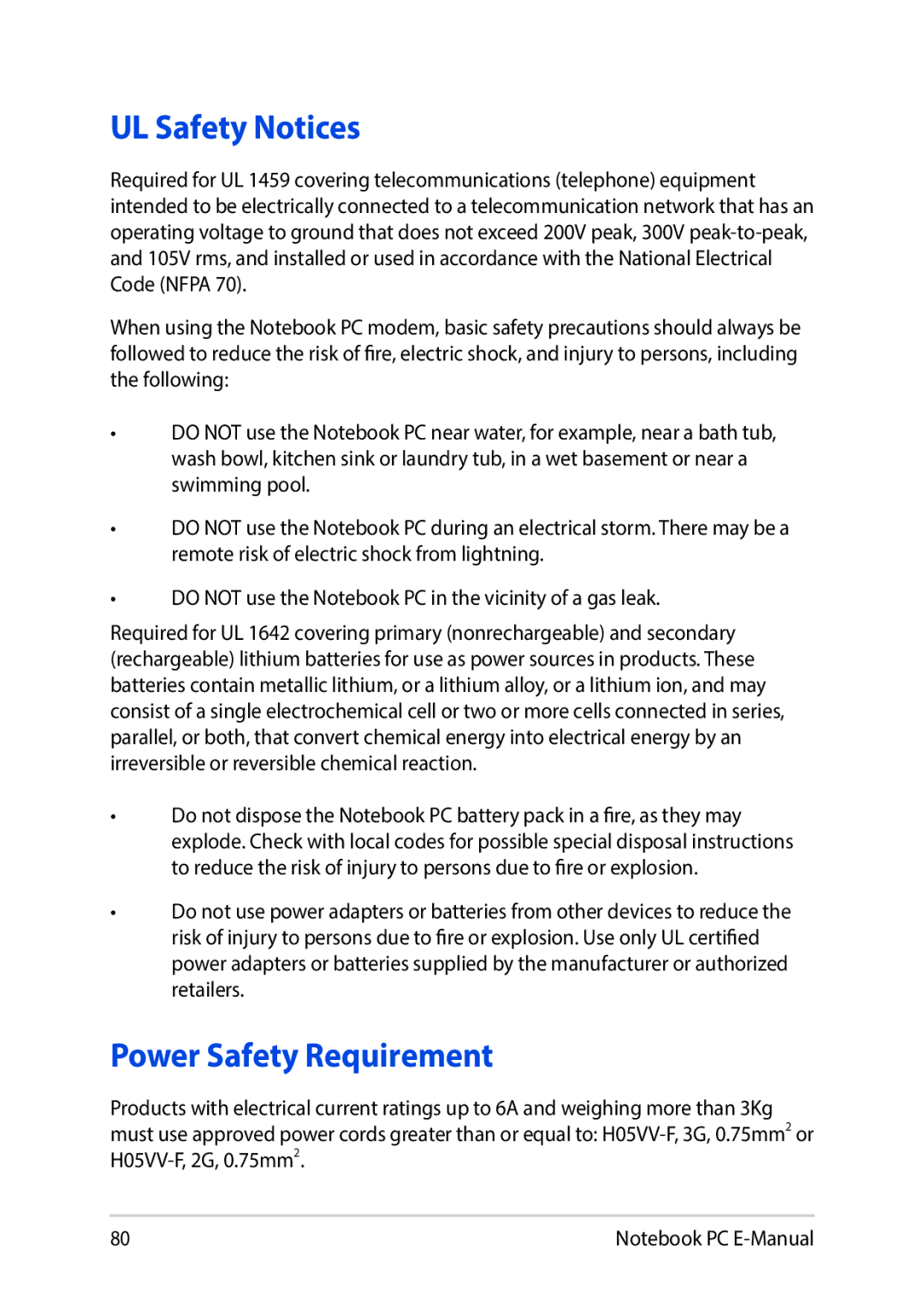 Asus E8991 manual UL Safety Notices, Power Safety Requirement 