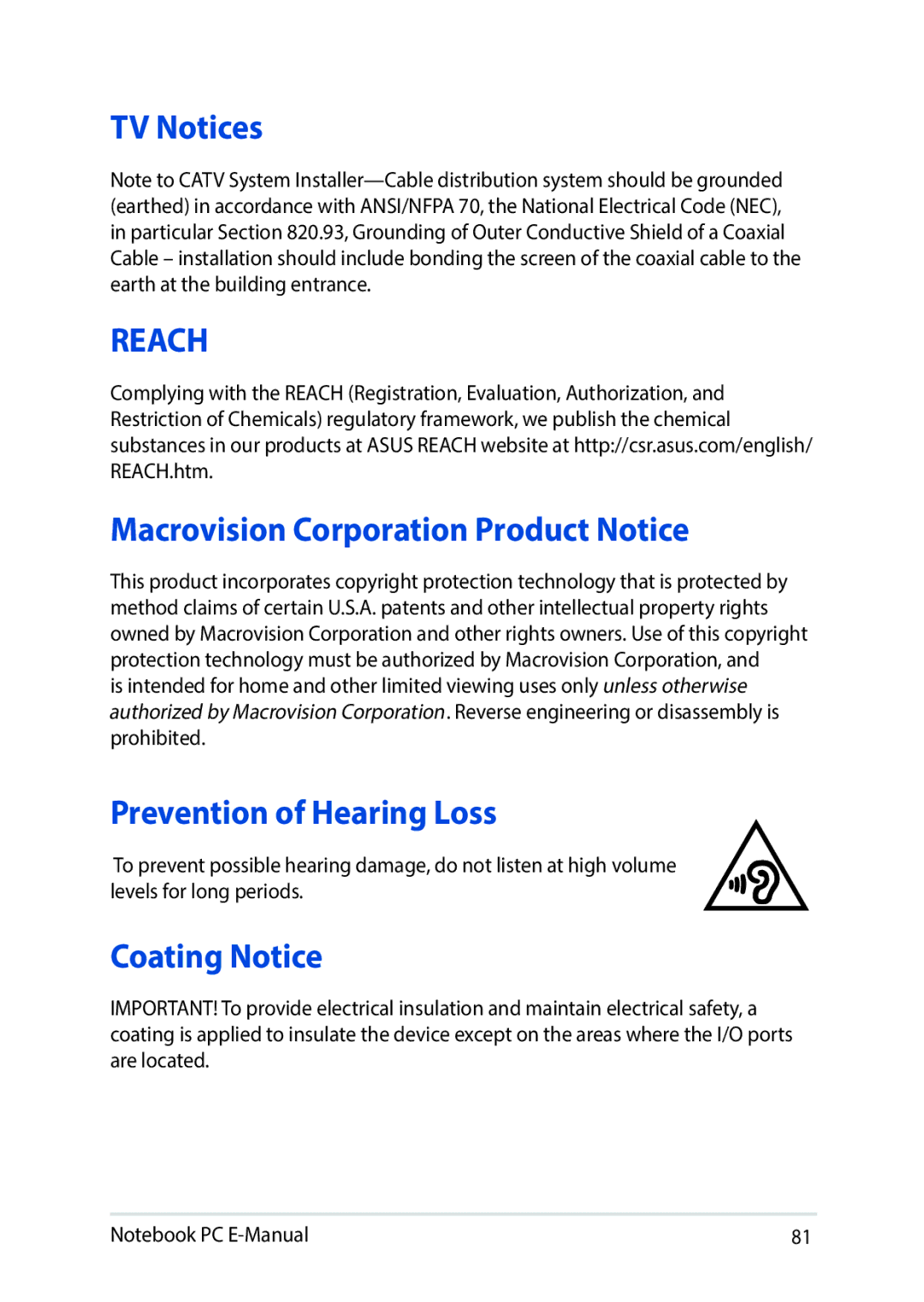 Asus E8991 manual TV Notices, Macrovision Corporation Product Notice, Prevention of Hearing Loss, Coating Notice 