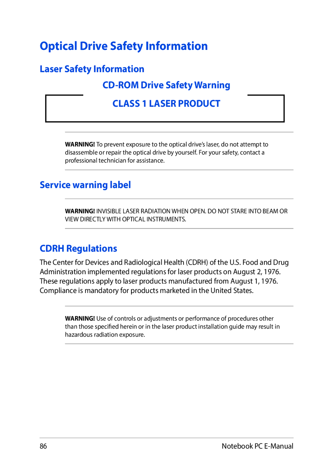 Asus E8991 manual Optical Drive Safety Information, Laser Safety Information CD-ROM Drive Safety Warning 