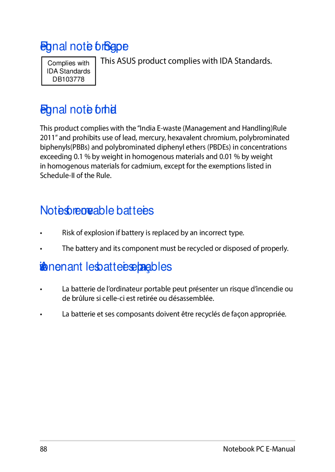 Asus E8991 manual Regional notice for Singapore, Regional notice for India, Avis concernant les batteries remplaçables 