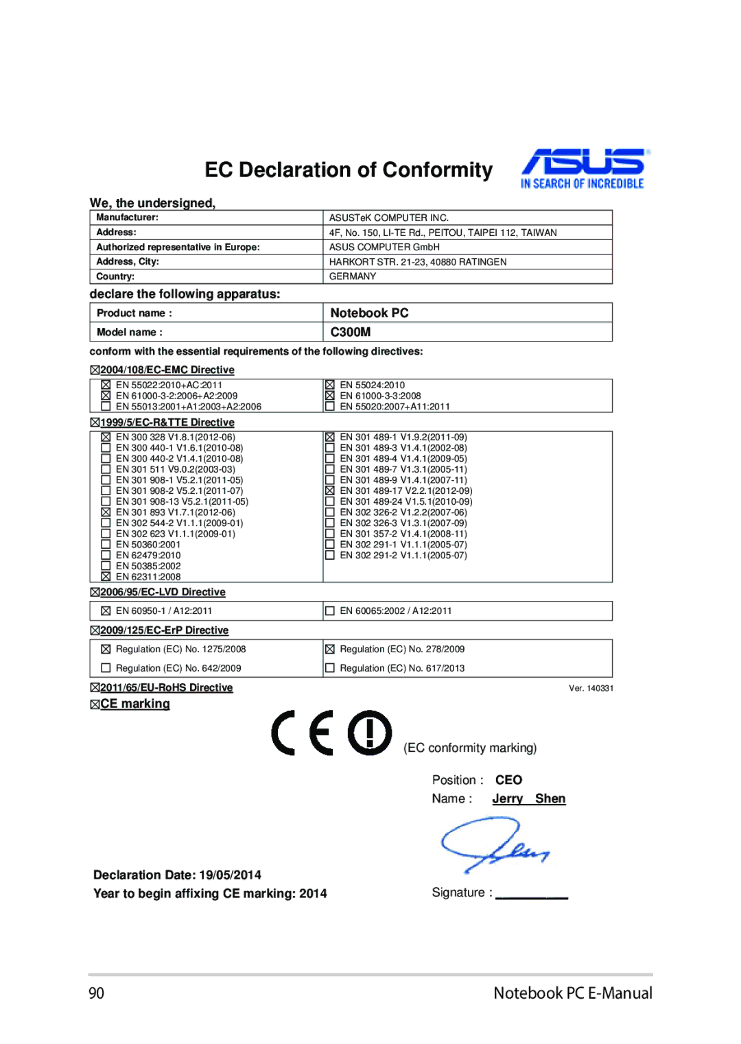 Asus E8991 manual EC Declaration of Conformity 