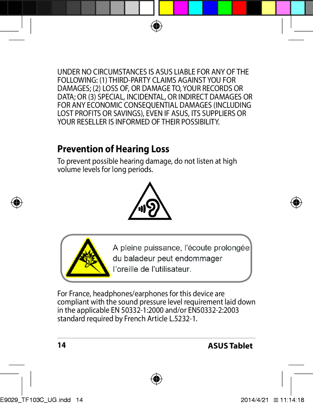 Asus E9029 manual Prevention of Hearing Loss 