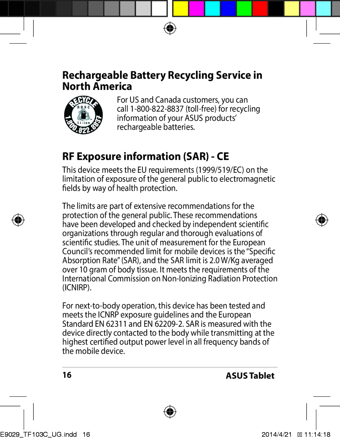 Asus E9029 manual Rechargeable Battery Recycling Service in North America, RF Exposure information SAR CE 