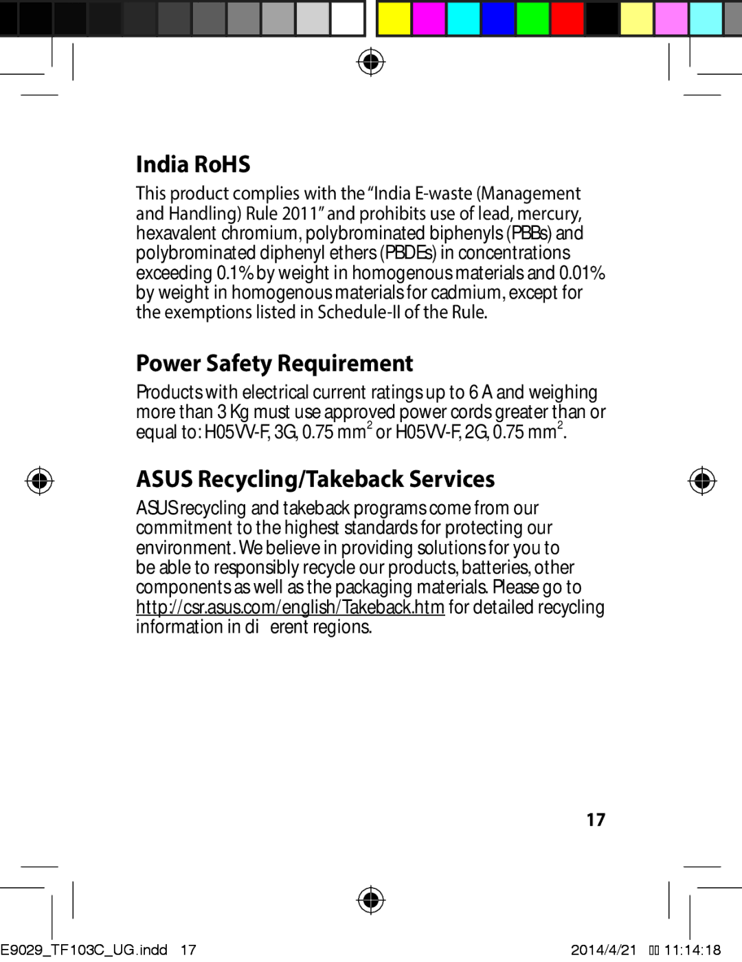 Asus E9029 manual India RoHS, Power Safety Requirement, Asus Recycling/Takeback Services 