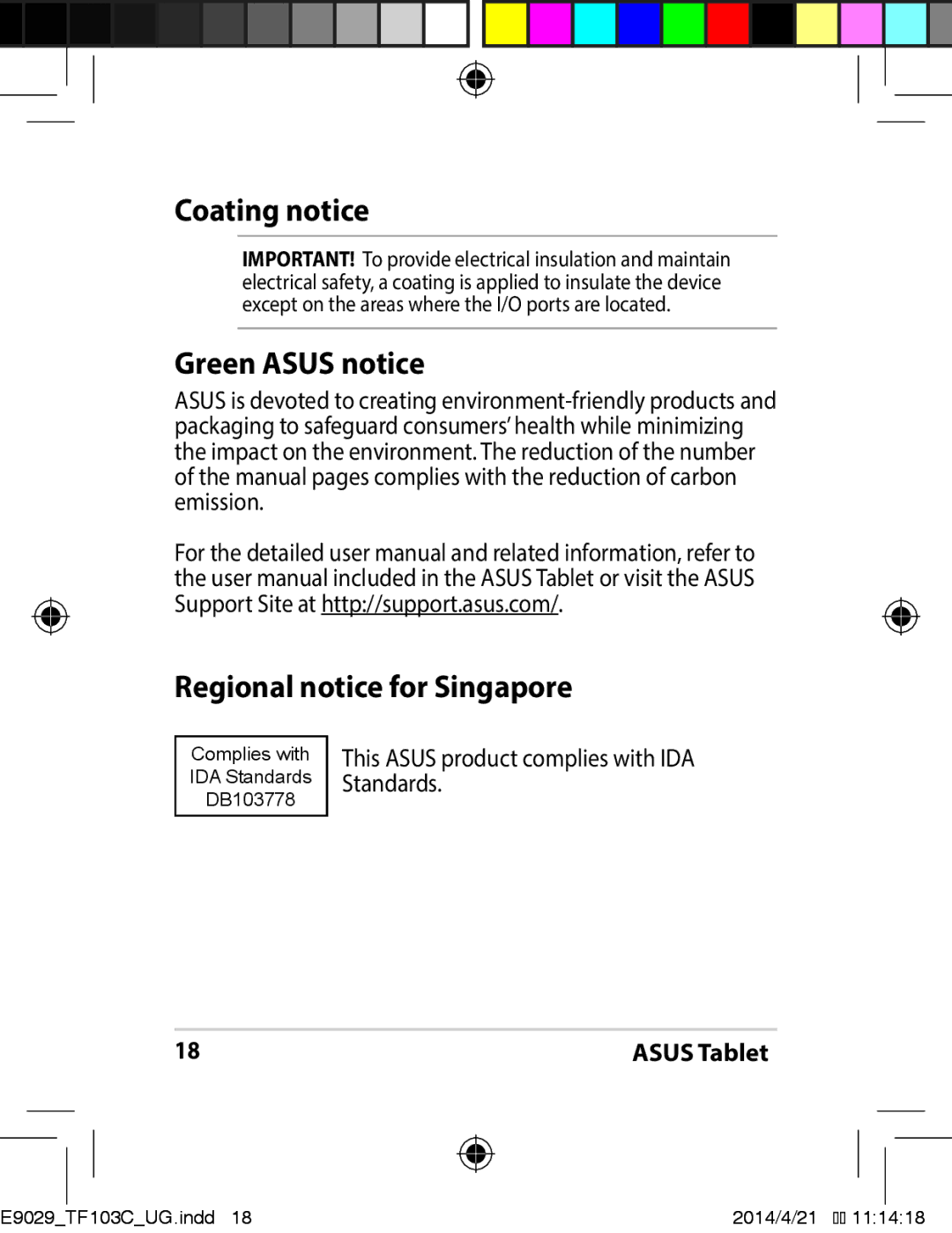 Asus E9029 manual Coating notice, Green Asus notice, Regional notice for Singapore 