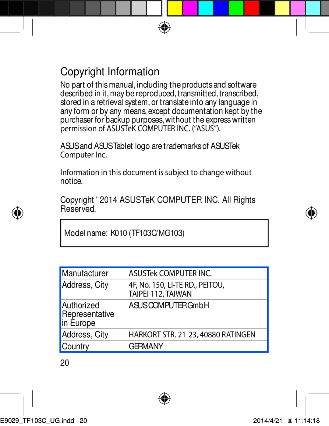 Asus E9029 manual Copyright Information, Taipei 112, Taiwan 