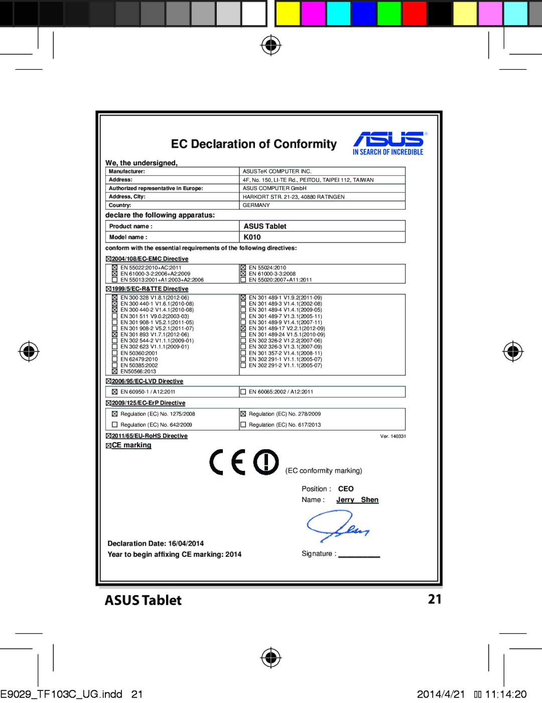 Asus E9029 manual EC Declaration of Conformity 