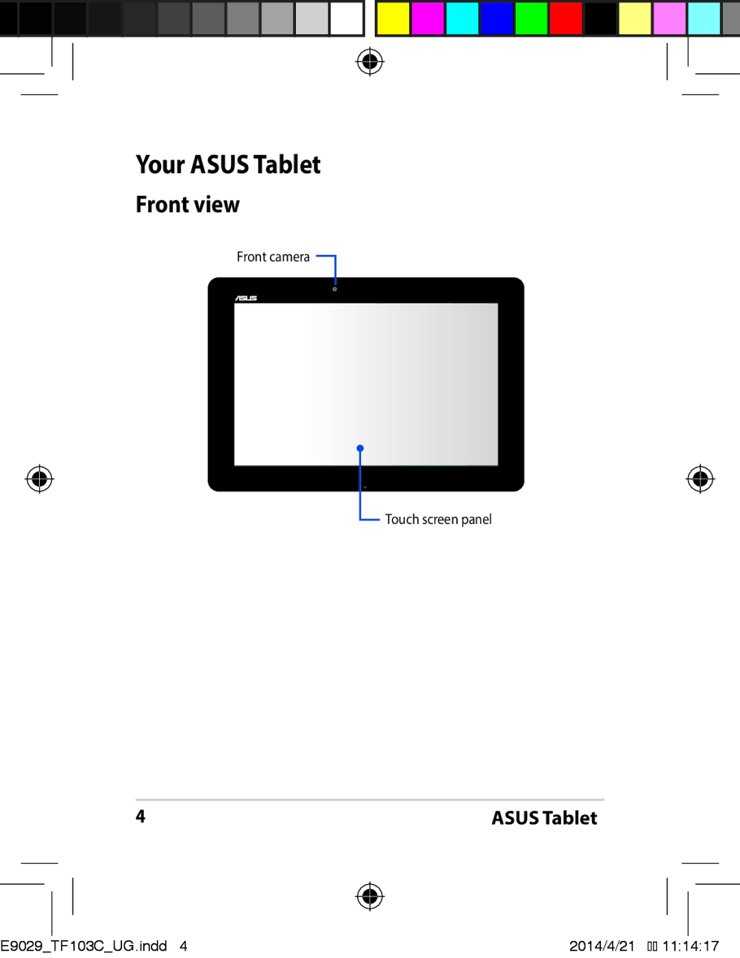 Asus E9029 manual Your Asus Tablet, Front view 