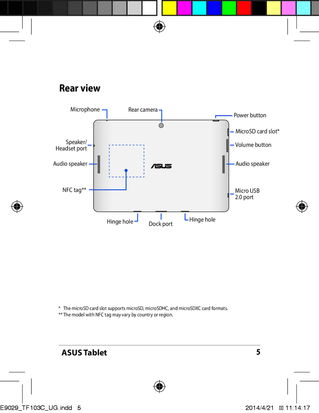 Asus E9029 manual Rear view, NFC tag Micro USB Port Hinge hole Dock port 