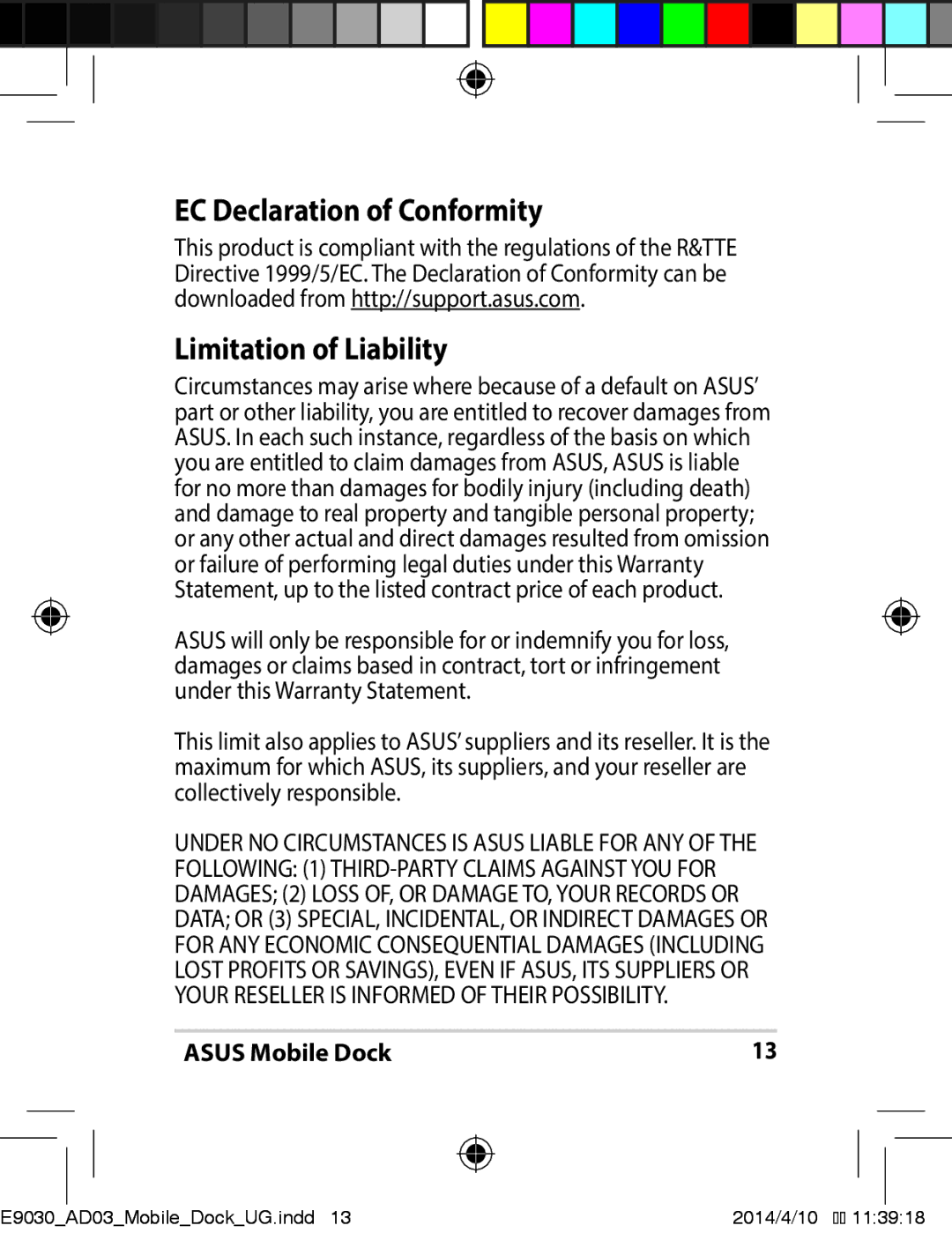 Asus E9030 manual EC Declaration of Conformity, Limitation of Liability 