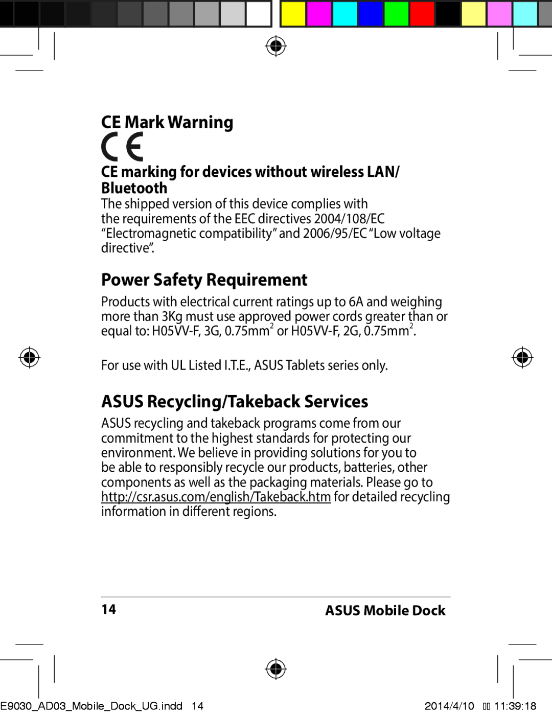 Asus E9030 manual CE Mark Warning, Power Safety Requirement, Asus Recycling/Takeback Services 