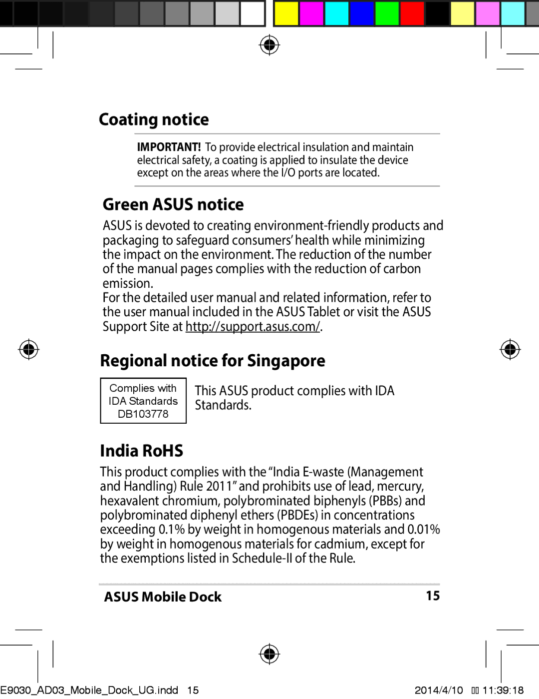 Asus E9030 manual Coating notice, Green Asus notice, Regional notice for Singapore, India RoHS 