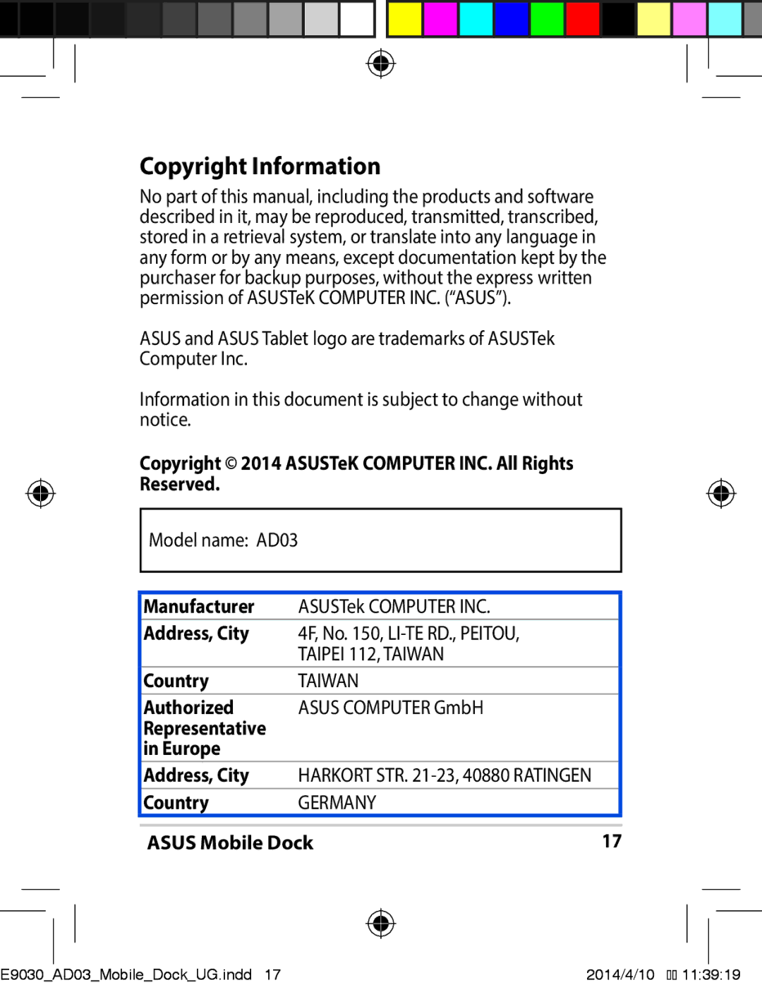 Asus E9030 manual Copyright Information, Taiwan 