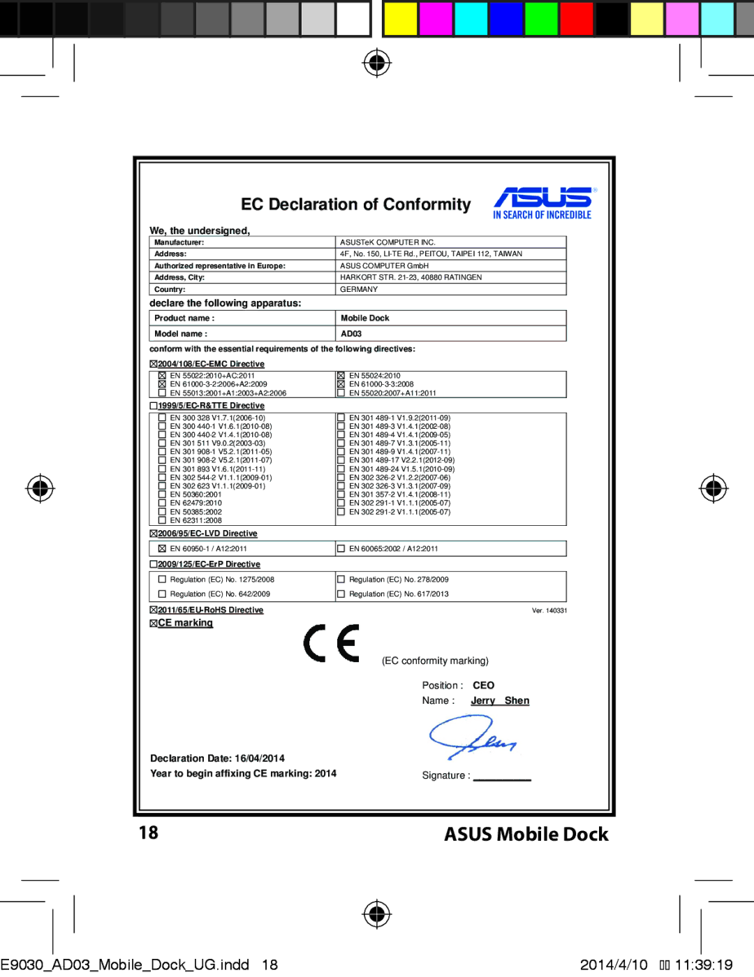 Asus E9030 manual EC Declaration of Conformity 